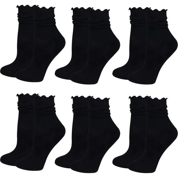 Black Ruffle Socks for Women 6 Pairs Cute Cotton Frilly Knit Casual Crew - Picture 1 of 6